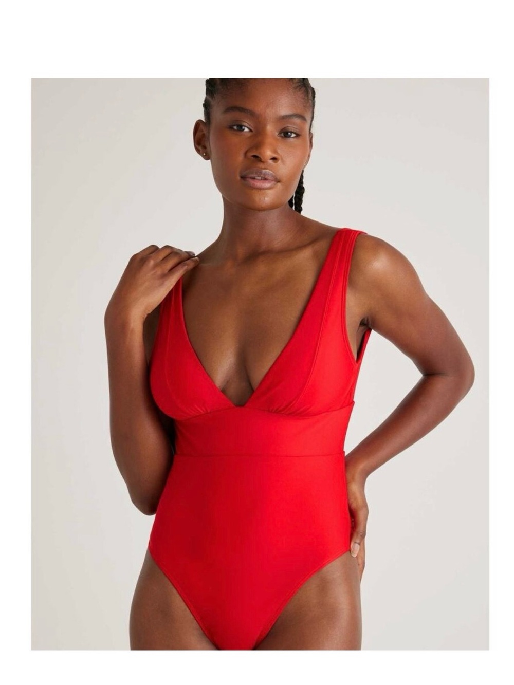Quince Italian Plunge One-Piece Swimsuit Cherry Red Sz L